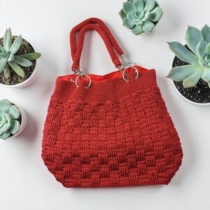 Red Crochet Basketweave Tote Bag Boho Knit Shoulder Bag Silver Hardware